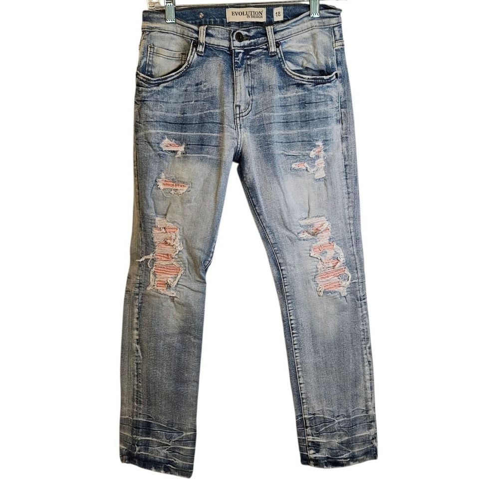 Evolution in Design Distressed Light Wash Jeans with Pink Underlay Size 18